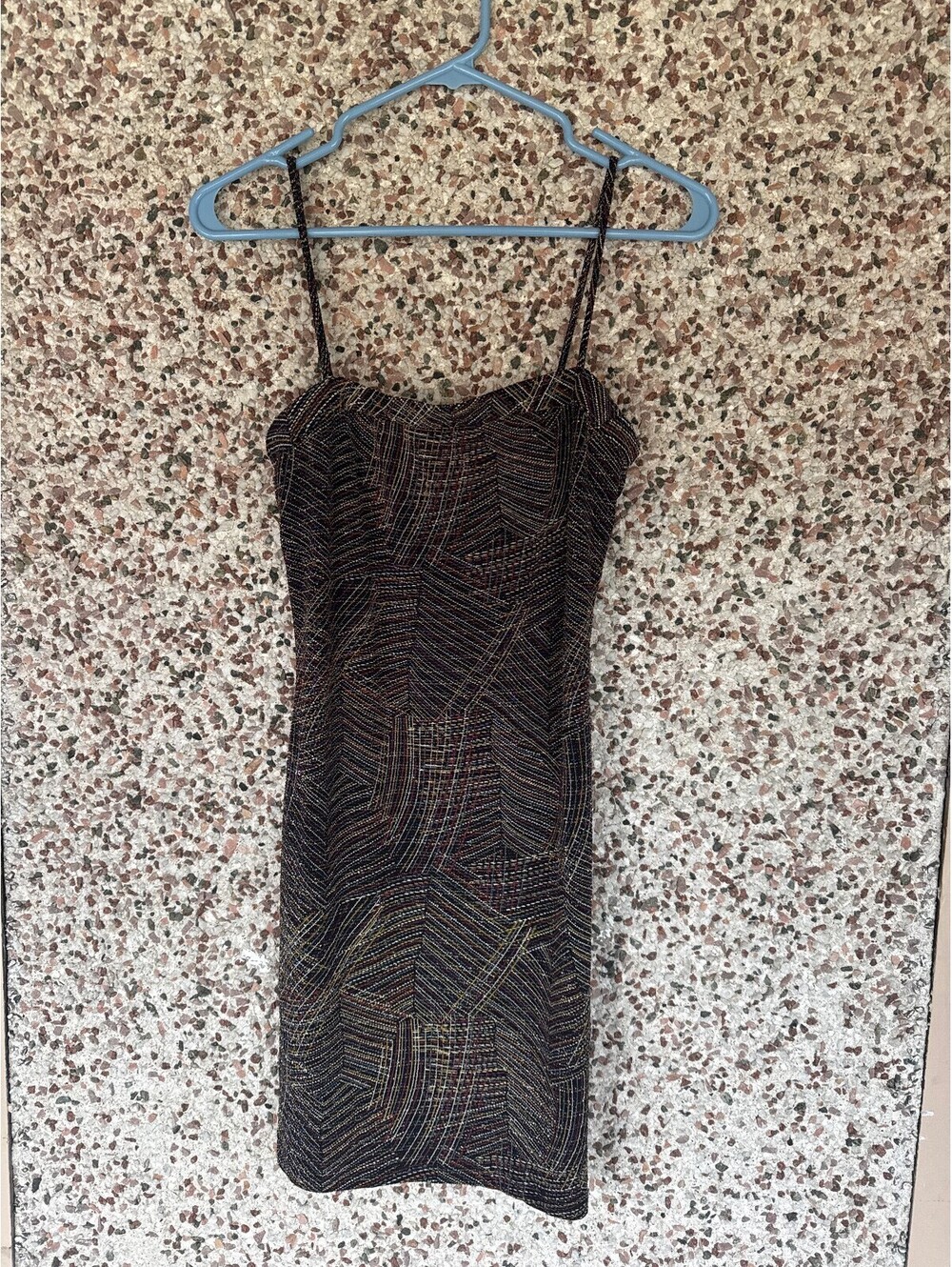 Pulse Metallic Lurex Mini Dress M Black Gold Geometric Spaghetti Strap USA